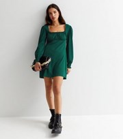 New Look Dark Green Crinkle Square Neck Long Sleeve Milkmaid Mini Dress